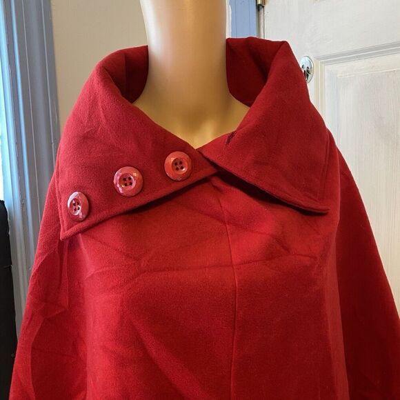 Women One Size Fit Most Poncho Cap Shawl Over Top Jacket Red Woolblend Asymetric - Picture 7 of 9